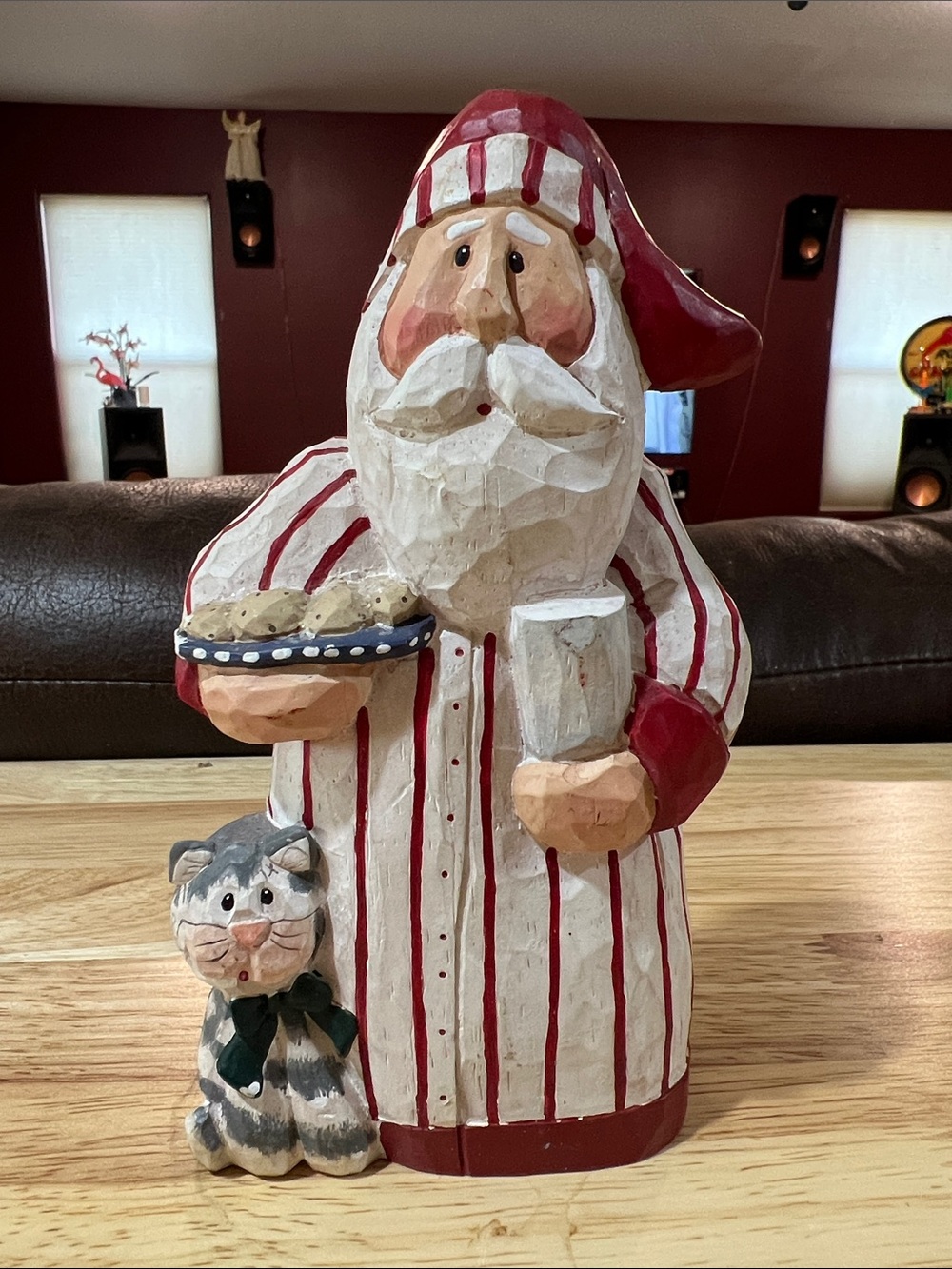 Santa with Cookie Plate and Cat Figurine - Red & White Holiday Decor
